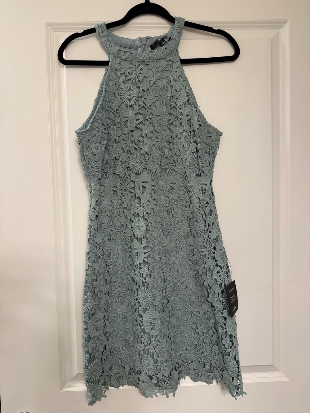 Lulu's Dusty Sage Crochet Halter Mini Dress